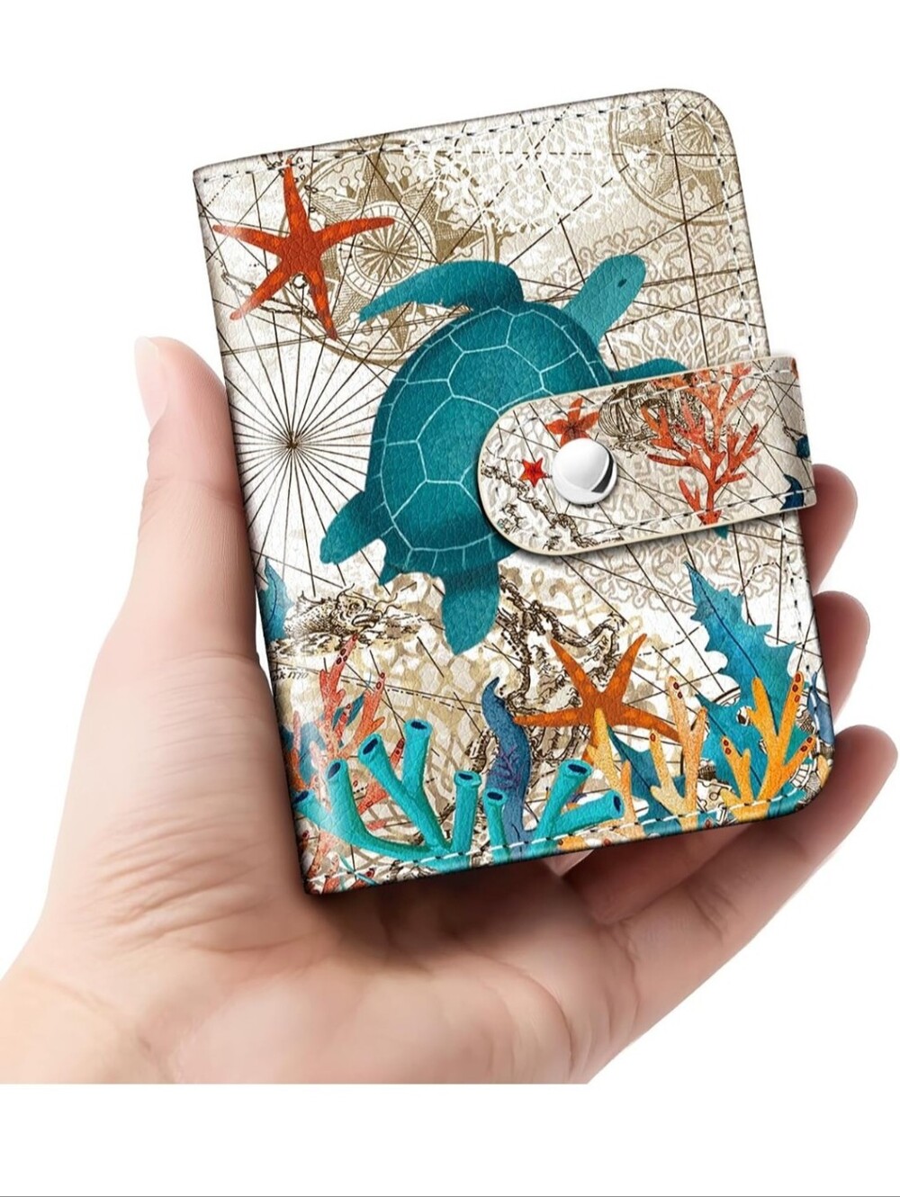 Kids Sea Turtle Faux Leather Wallet - Teal & Orange